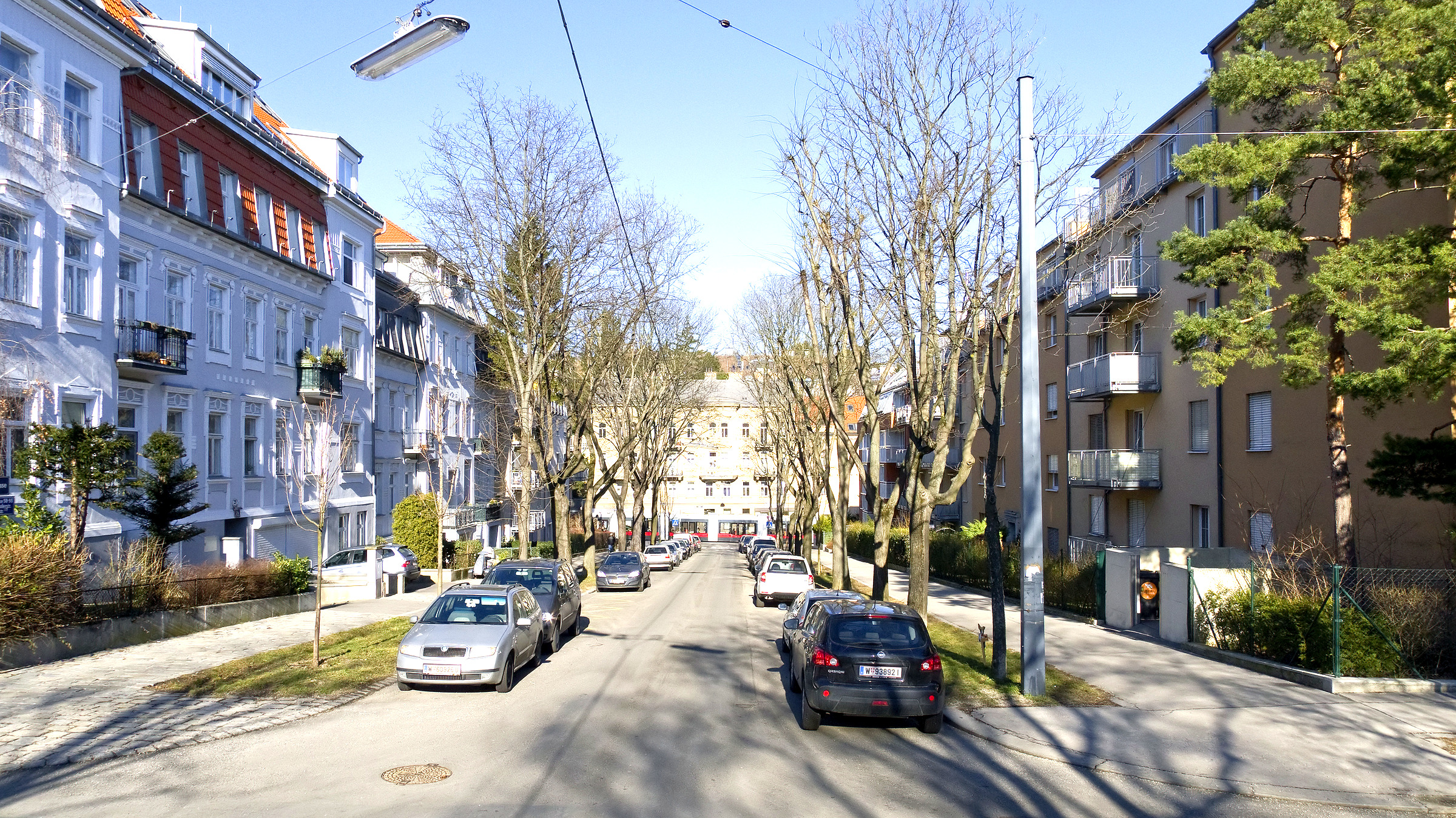 Erndtgasse in Wien Währing mit Wohnhäusern und Straßenbäumen